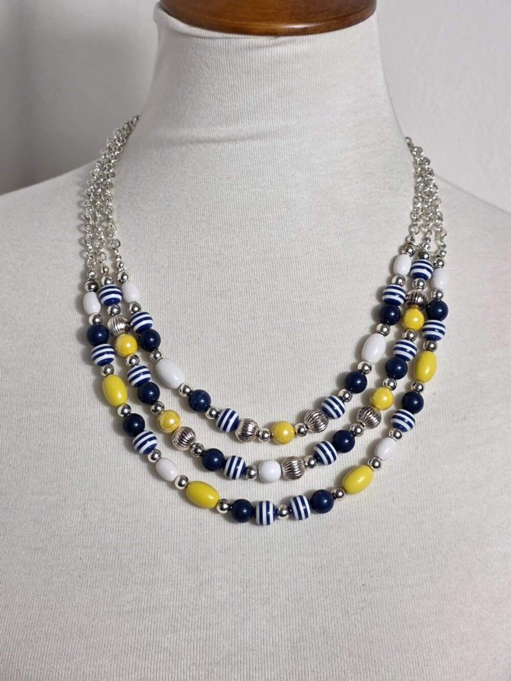 Three-Strand Multi-Layered Beaded Necklace Vibrant Nautical Color Scheme